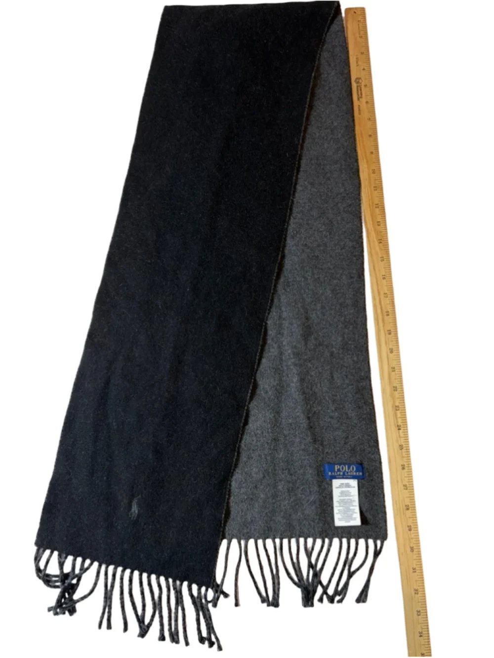 Polo Ralph Lauren Italy Wool Scarf Black Gray Reversible Fringe Preppy